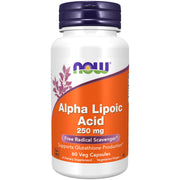 NOW Foods Alpha Lipoic Acid 250 mg bottle highlighting antioxidant support and glutathione recycling.