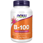 NOW Foods B-100 capsules bottle front highlighting energy support for daily use.