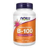 NOW Foods B-100 tablets bottle close-up highlighting sustained-release formula for daily energy support