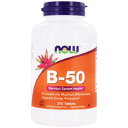 NOW Foods B-50 bottle front showing full B-vitamin complex for daily energy support