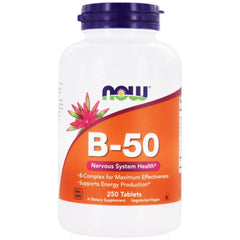 NOW Foods B-50 bottle front showing full B-vitamin complex for daily energy support