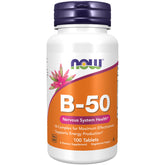 NOW Foods B-50 tablets bottle shows energy support and nervous system wellness.