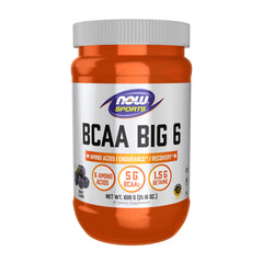 NOW Foods BCAA Big 6 grape bottle highlighting six amino acids for workout support