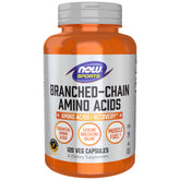 NOW Foods BCAAs bottle label displaying essential amino acids for muscle support.
