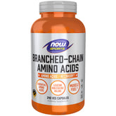 NOW Foods BCAAs capsules bottle front, may support workout performance