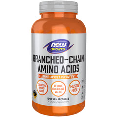 NOW Foods BCAAs capsules bottle front, may support workout performance
