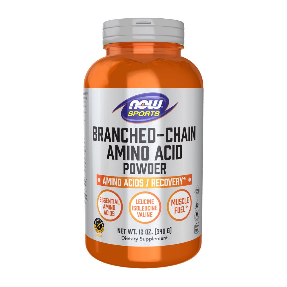 NOW Foods BCAA powder bottle with scoop ready for pre-workout mix.