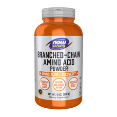 NOW Foods BCAA powder bottle with scoop ready for pre-workout mix.