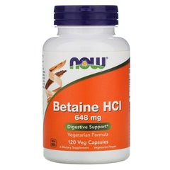 NOW Foods Betaine HCl bottle front with Pepsin for meals support