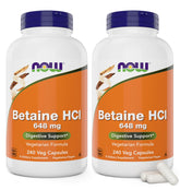 NOW Foods Betaine HCl bottle label highlighting dosage for protein digestion support