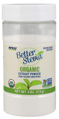 NOW Foods Better Stevia extract powder jar for zero-calorie sweetness in beverages.
