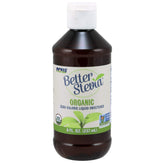 NOW Foods BetterStevia bottle pour illustrating a zero-calorie sweetener for beverages.