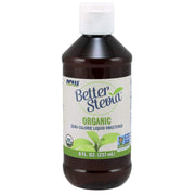NOW Foods BetterStevia bottle pour illustrating a zero-calorie sweetener for beverages.