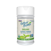 NOW Foods BetterStevia organic extract powder bottle for zero-calorie sweetness.