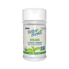 NOW Foods BetterStevia organic extract powder bottle for zero-calorie sweetness.