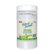 NOW Foods BetterStevia organic bottle label showing certification and zero-calorie sweetness