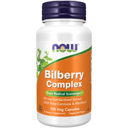 NOW Foods Bilberry Complex bottle front highlighting vegan, antioxidant-friendly formula.