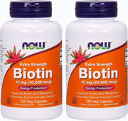 NOW Foods Biotin 10 mg bottle and caps – daily supplement for hair, skin, nails.