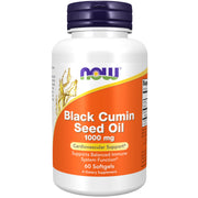 NOW Foods black cumin seed oil bottle with label signaling cardiovascular support potential.