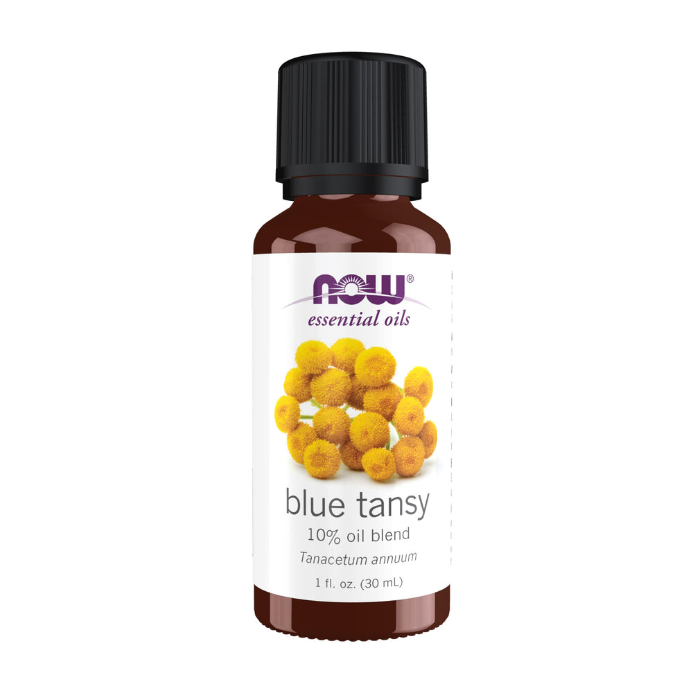NOW Foods Blue Tansy Oil Blend bottle with a sweet, calming aroma for soothing spaces.