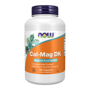 NOW Foods Cal-Mag DK bottle cap close-up, easy daily capsules for bone health