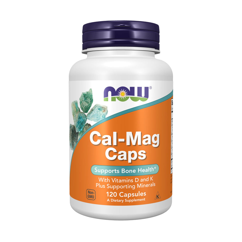 NOW Foods Cal-Mag bottle highlighting zinc, copper, manganese and vitamin D for mineral balance