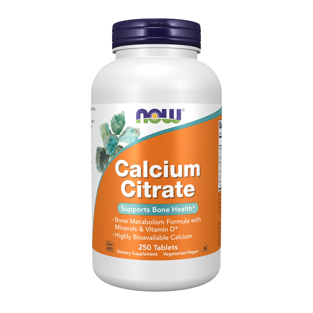NOW Foods Calcium Citrate with Vitamin D bottle shown for daily bone support.
