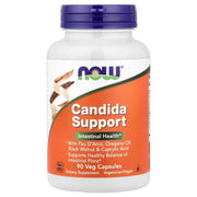 NOW Foods Candida Support bottle label highlighting herbal blend for gut balance.
