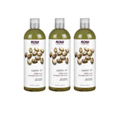 NOW Foods Castor Oil bottle shows a natural skin and hair emollient.
