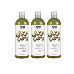 NOW Foods Castor Oil bottle shows a natural skin and hair emollient.