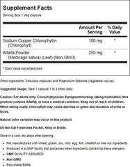 NOW Foods Chlorophyll 90 capsules label showing natural green branding and daily wellness