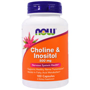 NOW Foods Choline Inositol capsules pack shot highlighting brain support.