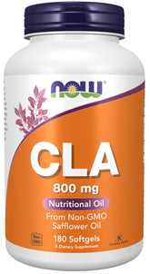 NOW Foods CLA 800 mg softgel bottle on white surface for daily supplementation.
