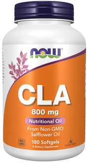 NOW Foods CLA 800 mg softgel bottle on white surface for daily supplementation.