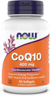 NOW Foods CoQ10 400 mg softgels bottle for daily energy support.