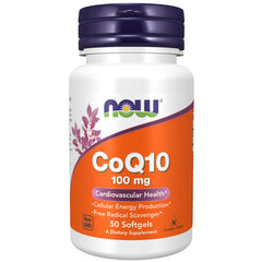 NOW Foods CoQ10 softgel bottle front view suggesting daily energy support