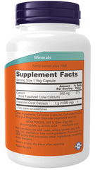 NOW Foods Coral Calcium 1000mg bottle back shows supplement facts and minerals for enzymatic activity