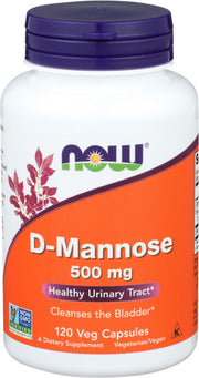 NOW Foods D-Mannose 500 mg bottle front for daily urinary tract support.