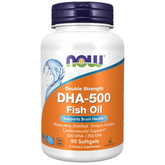 NOW Foods DHA-500 bottle front showing brand and brain-support strength.