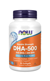 NOW Foods DHA-500 enteric-coated bottle for easier tolerance and reduced odor
