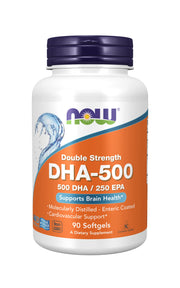 NOW Foods DHA-500 enteric-coated bottle for easier tolerance and reduced odor