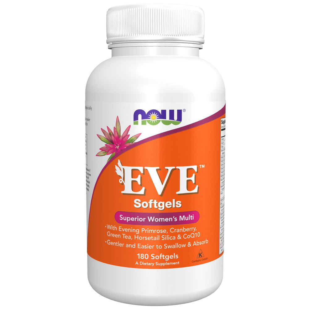 NOW Foods Eve Superior Women's Multi bottle closeup showing easy-to-swallow softgels for daily use.