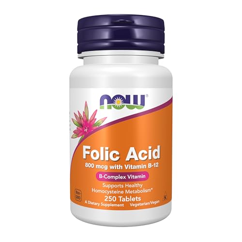NOW Foods Folic Acid 800mcg tablets bottle front view for daily supplement use.