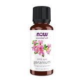NOW Foods Geranium Oil bottle with pour, pure aroma for soothing diffusion.