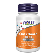 NOW Foods Glutathione 250 mg bottle showing reduced active form for enhanced bioavailability.