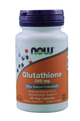 NOW Foods Glutathione 250mg capsules front label emphasizing vegetarian, gluten-free formula.