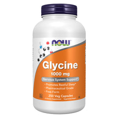 NOW Foods Glycine 1000 mg bottle, calming neurotransmitter support for restful evenings.