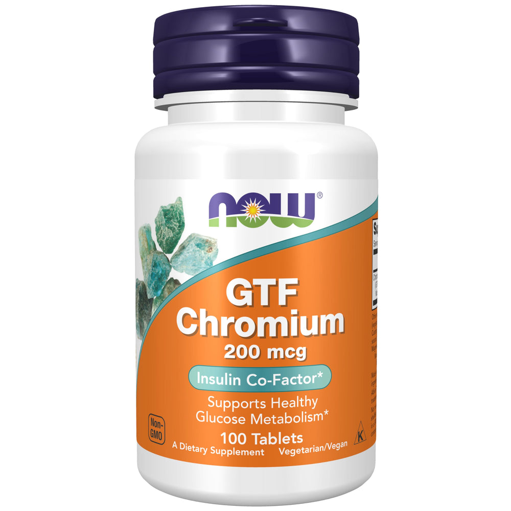 NOW Foods GTF Chromium bottle label showing chromium chelate concept and metabolism relevance