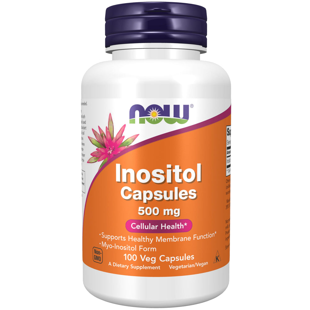 NOW Foods Inositol 500 mg bottle front with vegan packaging for daily use.