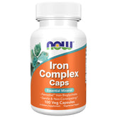 NOW Foods Iron Complex capsules bottle shows non-constipating iron support for daily wellness.
